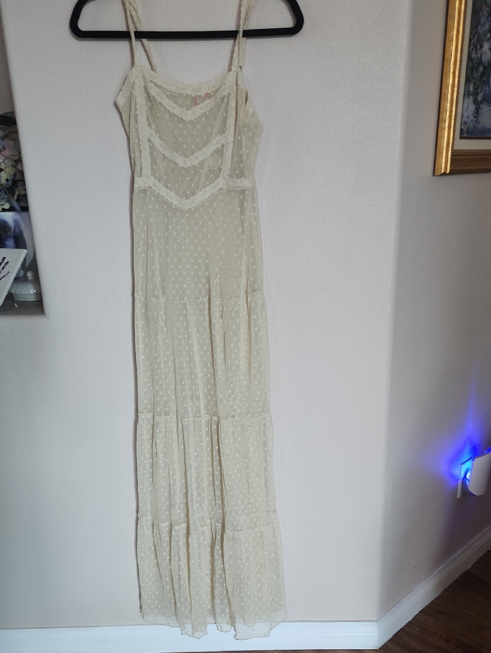 FREE PEOPLE .Cream Sheer Polka Dot Maxi Dress with Lace Trim